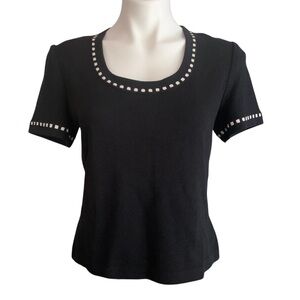 St John Sport Black White Trim Round Neck Santana Knit Rayon Top Small Petite